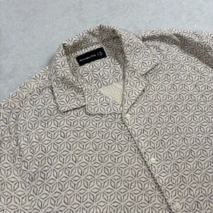 Abercrombie & Fitch Linen Blend Shirt Mens XL Beige Blue Geometric Print Texture